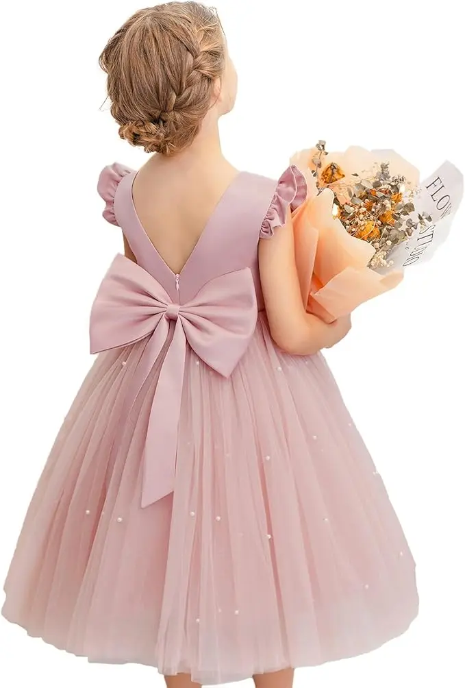 

Snvdzo Flower Girl Ruffle Tulle Satin Dress Short With Bow For Wedding Birthday Evening Party Prom Banquet Princess Gown 2026