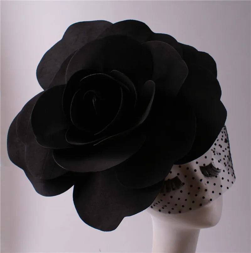 

Exaggerated Big Flower Headdress Red Black Rose Veil Stage Make-up Pompous Hair Ornament Catwalk Accessories Rave Outfit XS4171