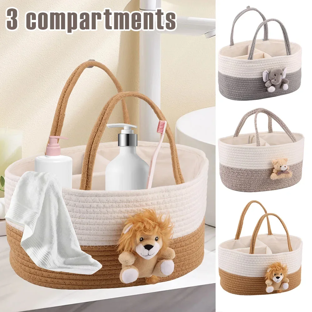 ポータブルおむつキャディーオーガナイザー-ソフトコットンロープ製-保育園用おむつ収納バスケット-丈夫なハンドル付き-大容量収納バッグ