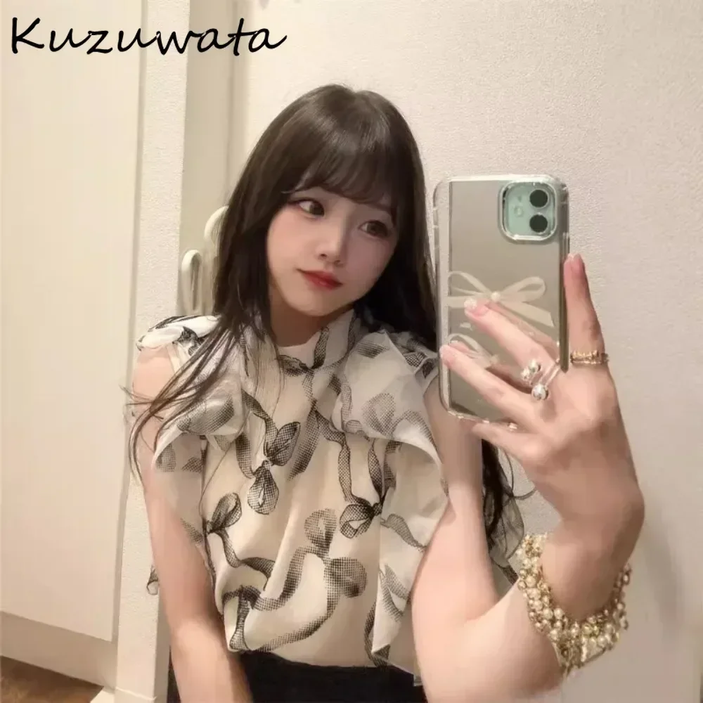 Kuzuwata Half-high Collar Petal Sleeve Pullover Shirt All-match Print Lace Up Bow Elegant Blouses Japan Sweet Fresh Chiffon Tops