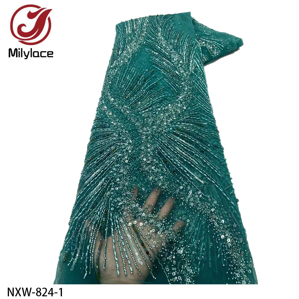 

African Handmade Sequins Net Pearls Lace French Tulle Lace Fabric Nigeria for Bridal Party Dress NXW-824