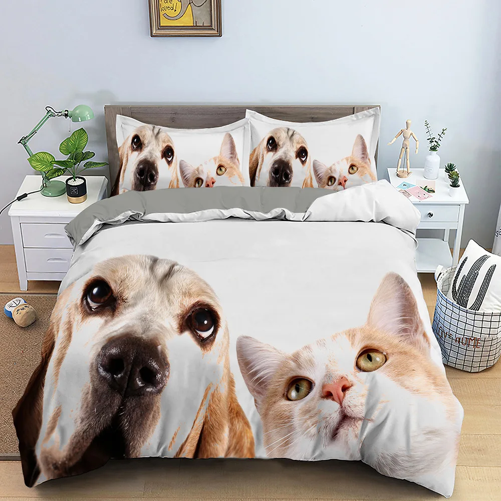 Lovely Cat Dog Microfiber Bedding Set Duvet Cover Adult Bedclothes Covers Comforter Sets Pillowcase Queen Cartoon Animal