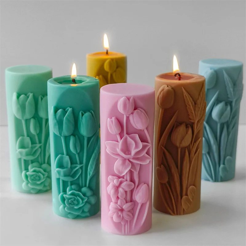 

Relievo Flower Cylinder 3D Silicone Candle Soap Mold Scented Handmade DIY Plaster Cement Sculpture Mold Aromatherapy Gifts molds