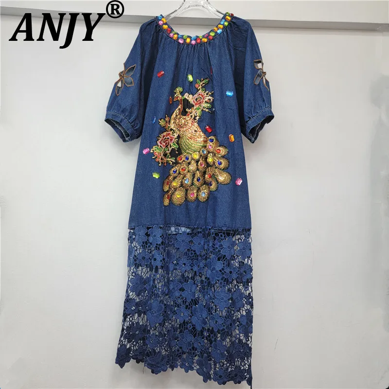 

ANJY Summer New Women Vintage Streetwear Unique Design Heavy Craft Beaded Diamonds Hollow Out Lace Hem Elegant Denim Dress A7959