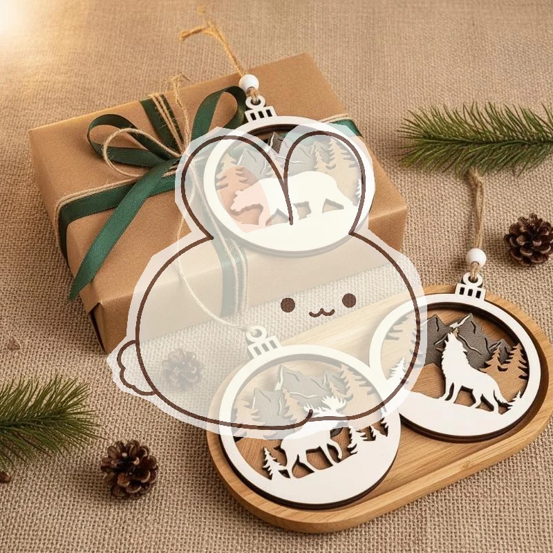 Rustic Wildlife Wood Cutout Hanging Decor Layered Hollow Mountain Bear Wolf Elk Bauble Winter Holiday Tree Decoration