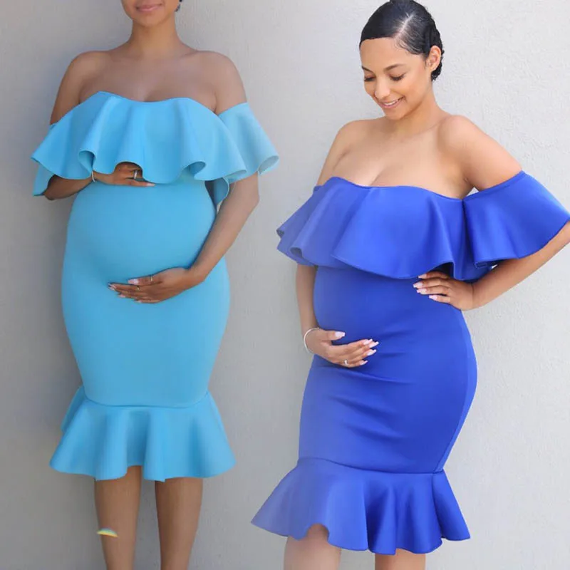 

Elegant Maternity Dresses For Photoshoot Ruffles Photography Props Pregnant Clothes Off the Shoulder Party Dress Baby Shower