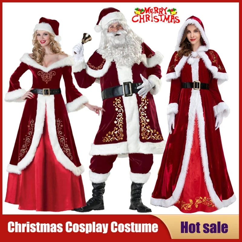 Christmas Santa Claus Cosplay Costume Red Velvet Lady Elegant Long Dress Xmas Carnival Party New Year performance For Man Woman