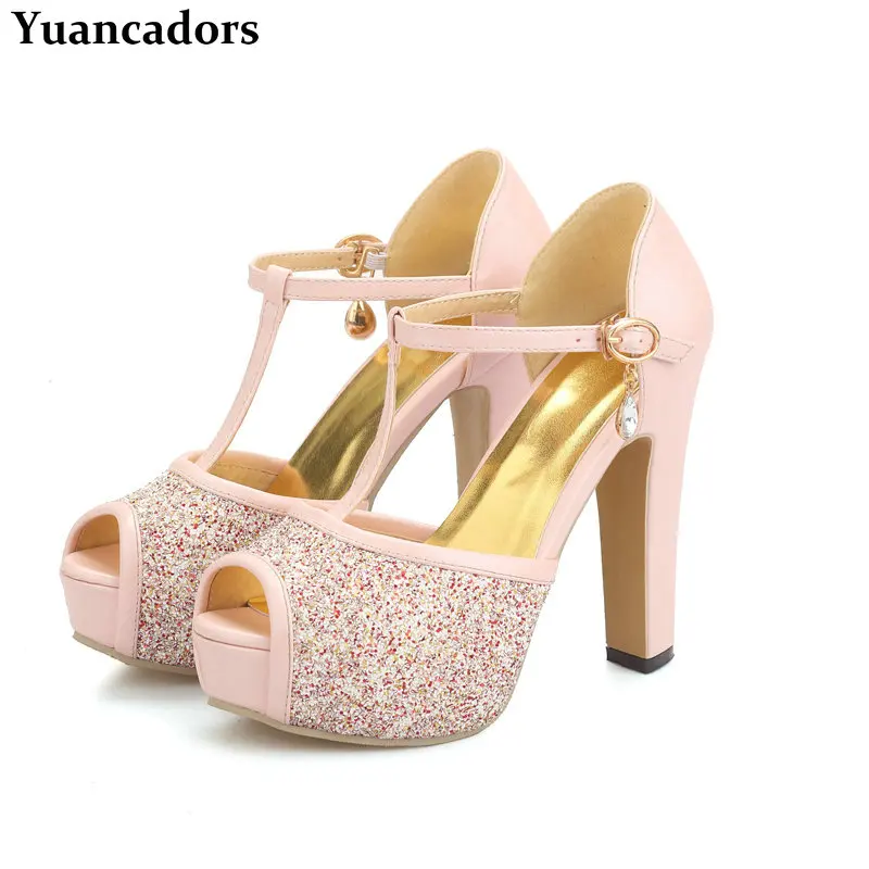 

Блестящие блестки с открытым носком, розовое золото, Т-образный ремешок, летние туфли-лодочки для зрелых женщин, босоножки на платформе и свадебном каблуке на блочном каблуке