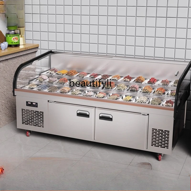 

Double Door Double Temperature Three Tier Display Cabinet Refrigerated Fruit Salad BBQ Frozen Restaurant Ordering Cabinet