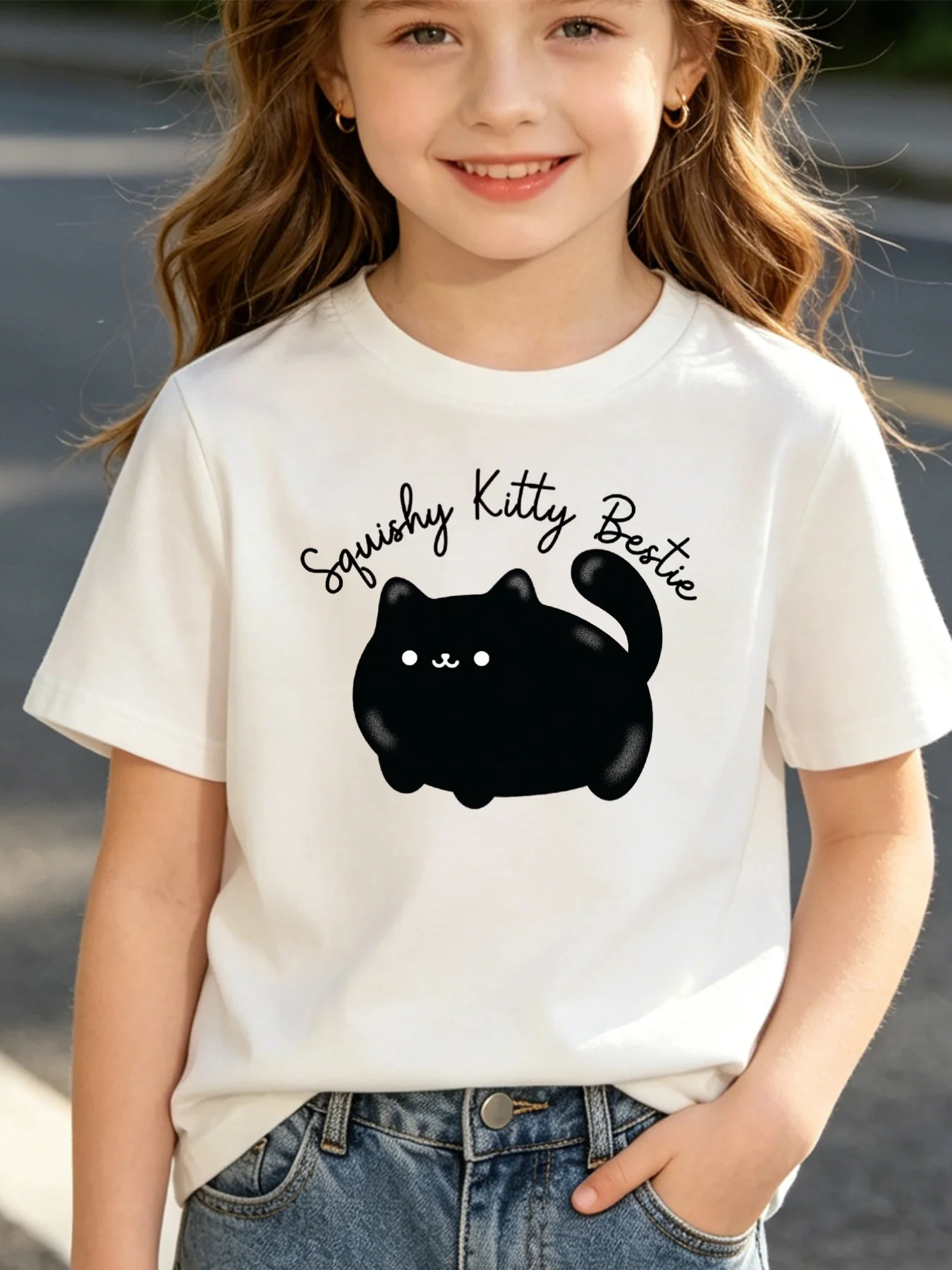 Kids Squishy Kitty Bestie Black Cat Letter Graphic Tee Boys Girls Family Matching Short Sleeve Cute Pet Casual Daily T Shirt