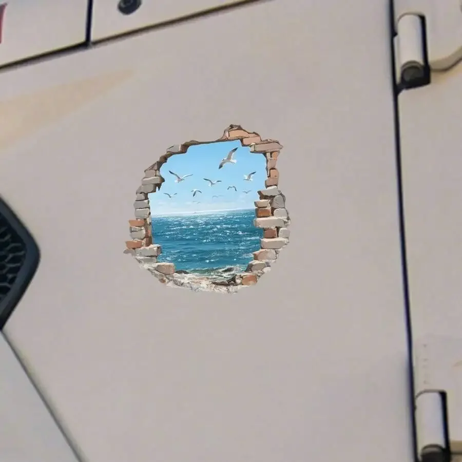 

3D Ocean View Broken Wall Sticker For Car Window Bumper Vinyl Decal With Seagulls