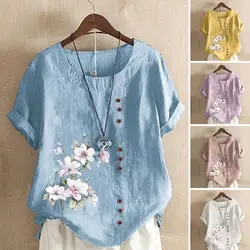 Elegant Daisy-Print Cotton Linen Shirt Casual Summer Women O-Neck Short Sleeve Yellow Pullover Top Fashion Street Flower Blous