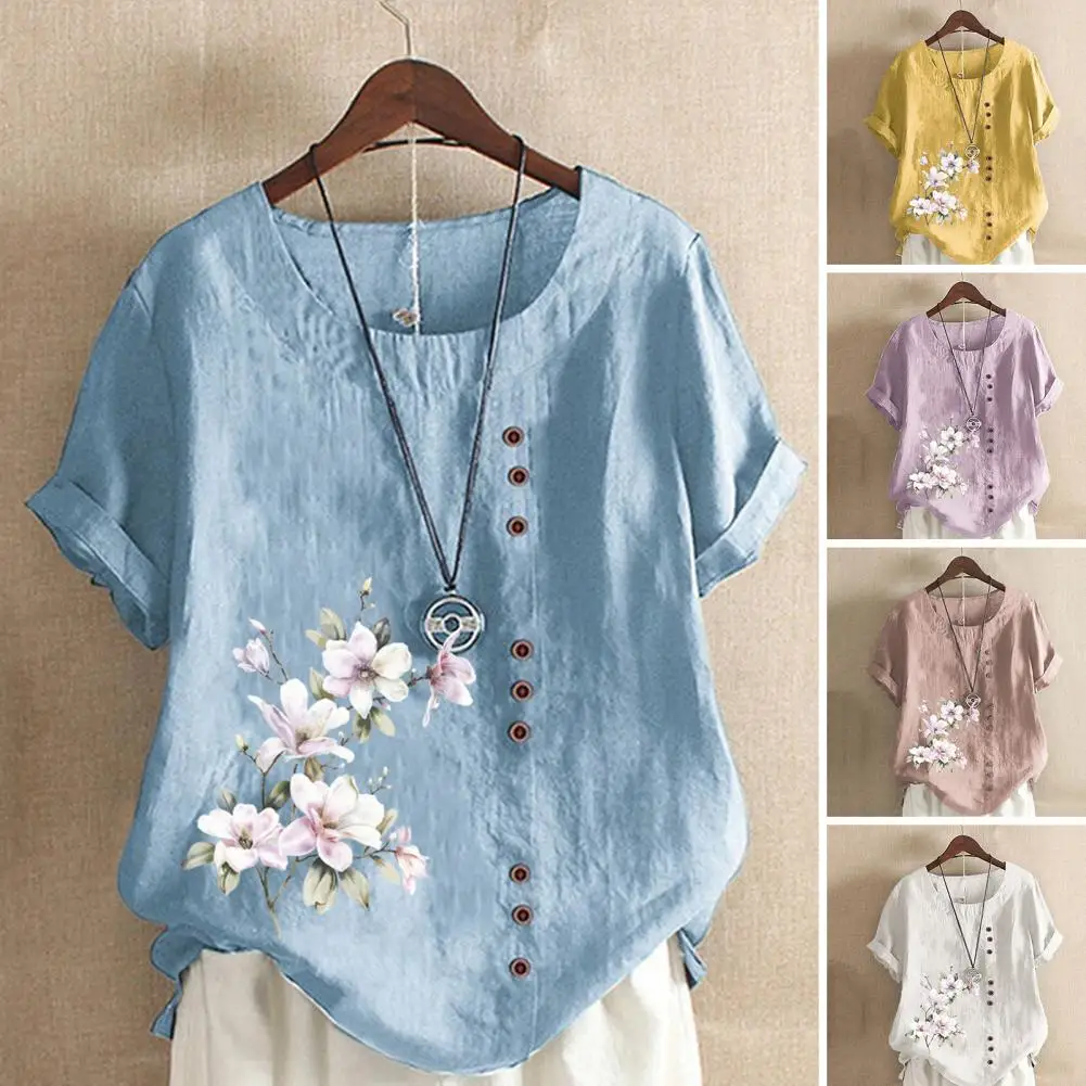 Elegant Daisy-Print Cotton Linen Shirt Casual Summer Women O-Neck Short Sleeve Yellow Pullover Top Fashion Street Flower Blous