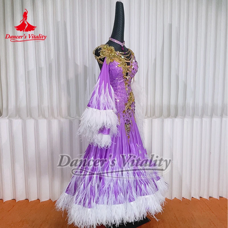 Social Dance Ostrich Feather Lower Hem Sleeveless Backless Luxurious AB Stone Big Swing Dresses with Necklace High-end Customize