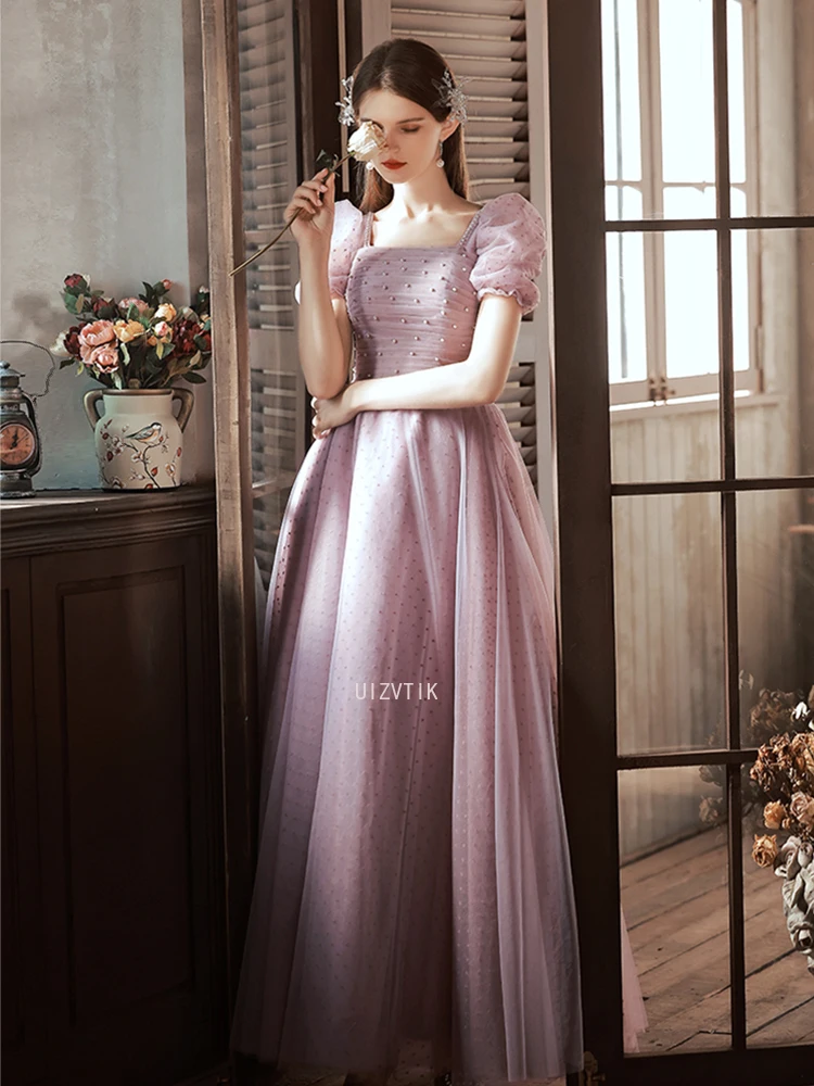 2025 New Customized Long Pink Tulle Wedding Photoshoot Dresses A-Line Square Neck حزب اللباس Floor Length Prom Dress for Women