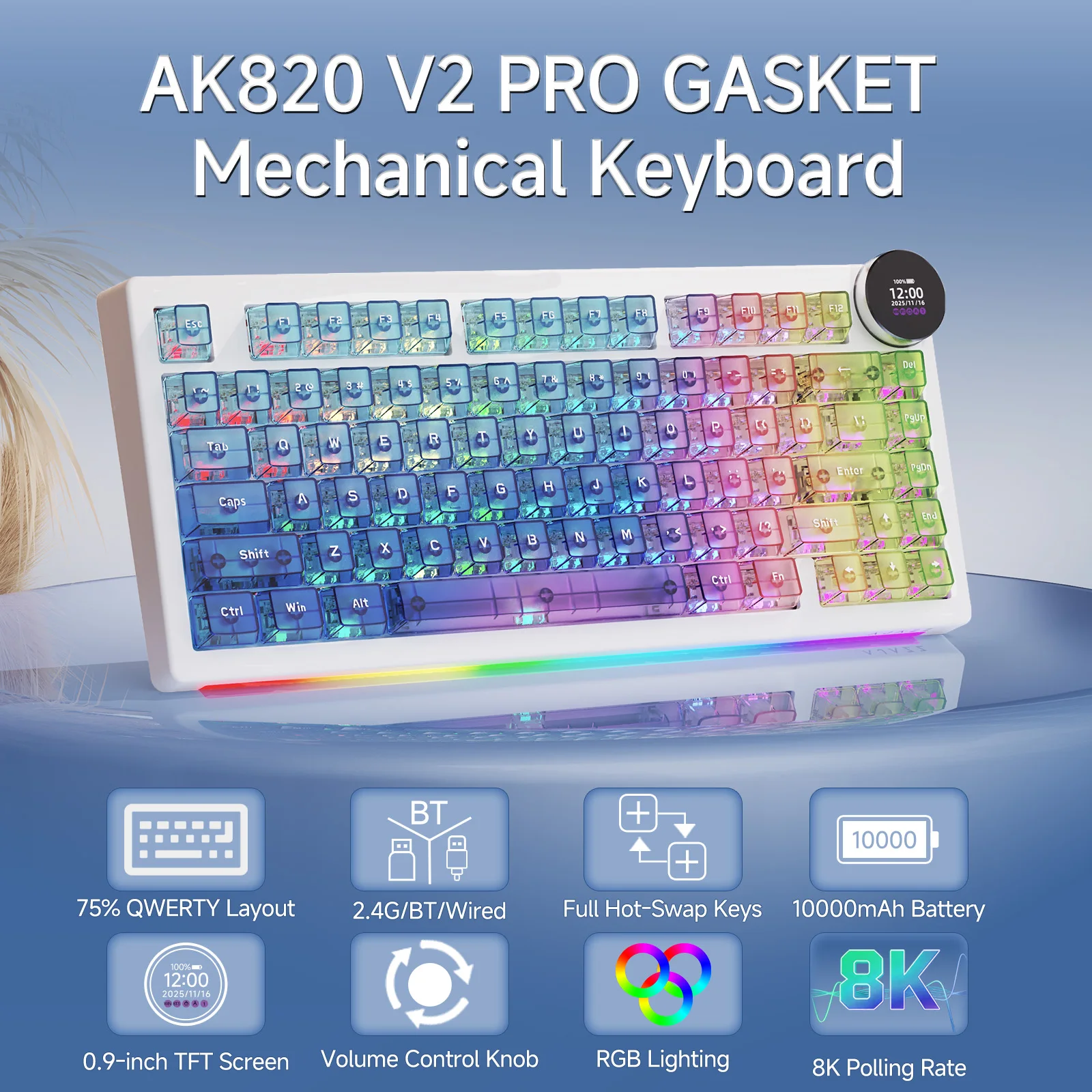 AJAZZ AK820 V2 PRO Dreifach-Modus Bildschirm Mechanische Tastatur Dual 8K RGB Anpassbare Tastatur