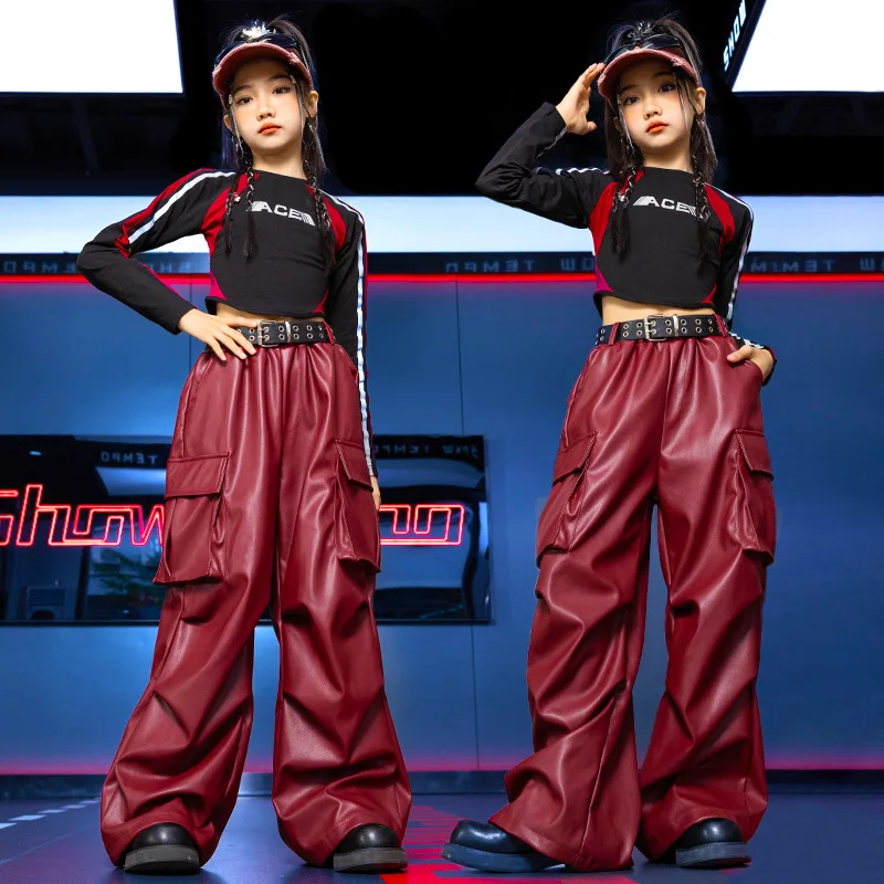Enfant Kpop Hip Hop vêtements noir à manches longues t-shirt haut court vin rouge décontracté Cargo pantalon pour filles Jazz danse Costumes vêtements
