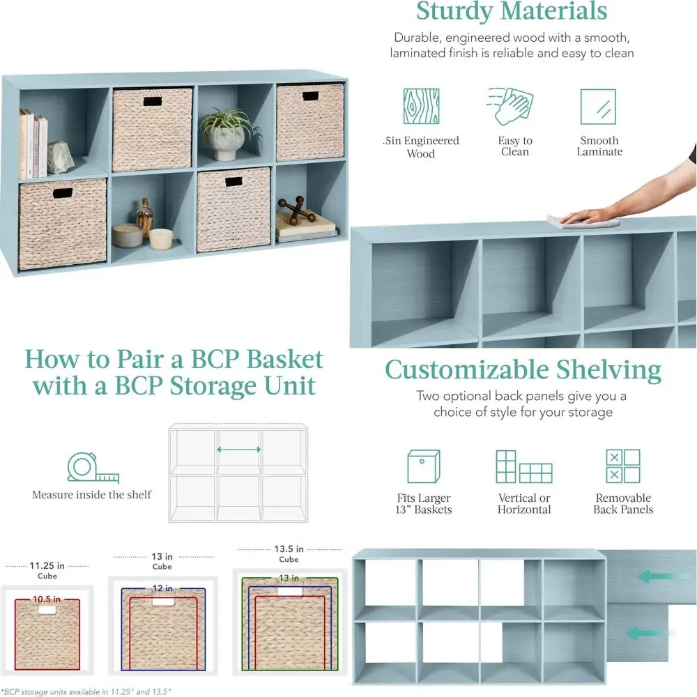 

Светло-голубой органайзер для хранения на 8 кубов с полками 13,5 дюймов для книг и игрушек, настраиваемый, с 3 съемными задними панелями