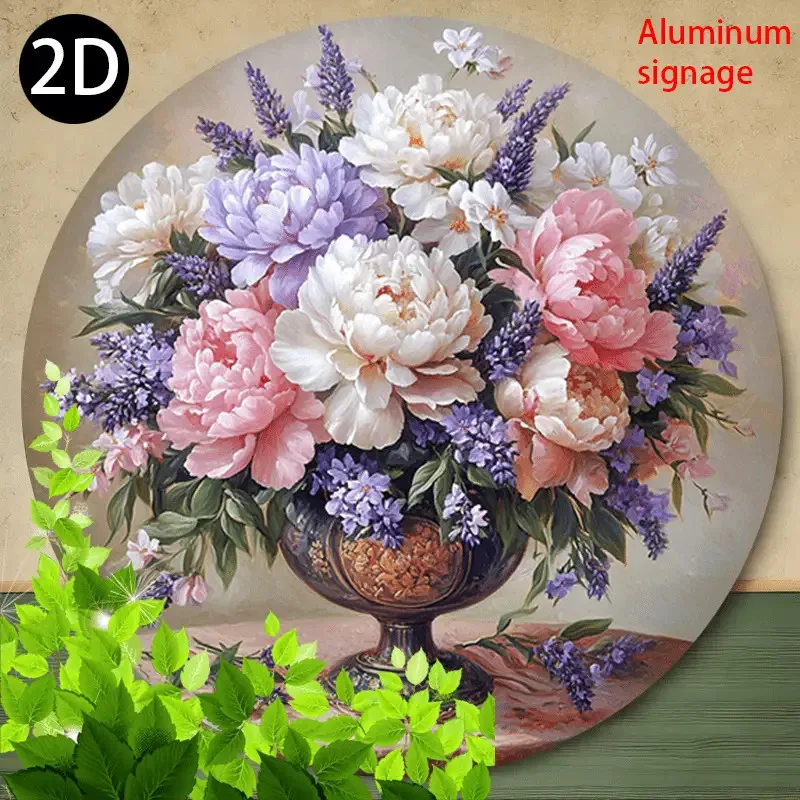 1 Stück Vintage Floral Pfingstrose & Lilien Blumen Wanddekoration – Pastellrosa, Weiß, Lila, Lavendel, Grün – Elegantes rundes Metallschild für