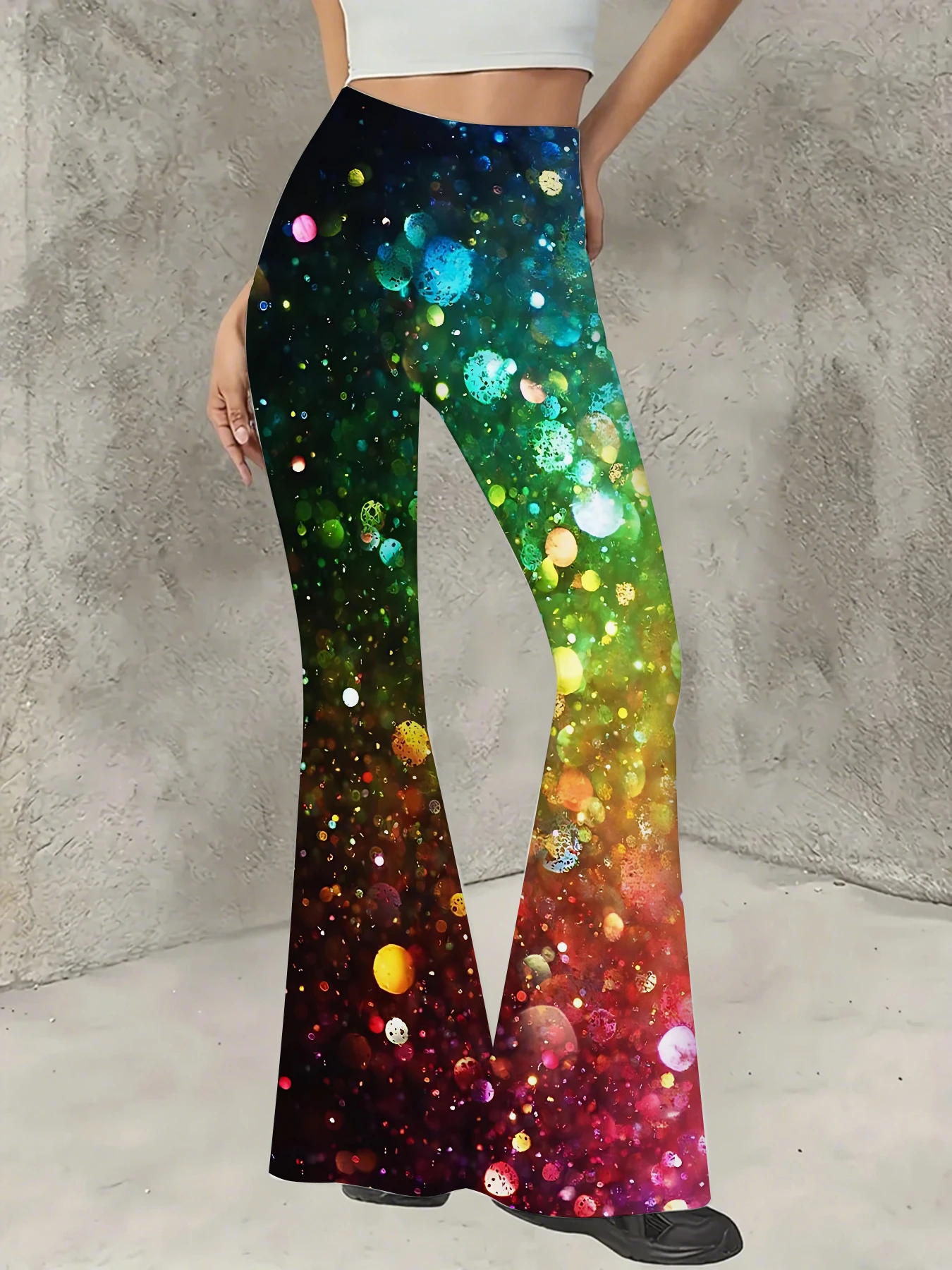 

Women's Boho Printed Flare Pants Vintage Knit High Waist Wide Leg Trousers