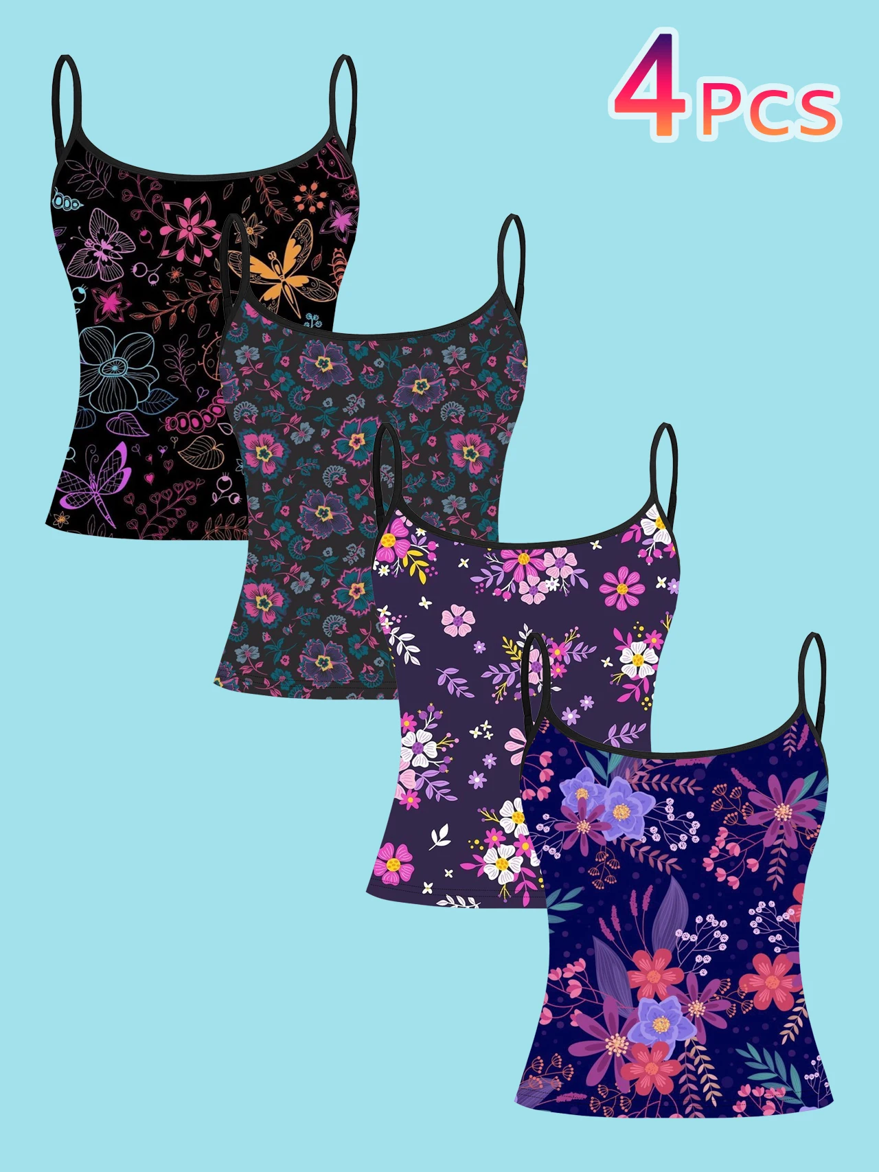 4-Piece Set of Women's Spaghetti Strap Camisoles with Dark Floral, Butterfly, and Dragonfly Prints on a Black Background, Slim-Fit Sleeveless Tops, Bohemian Pastoral Style Outerwear and Inner Layering Shirts