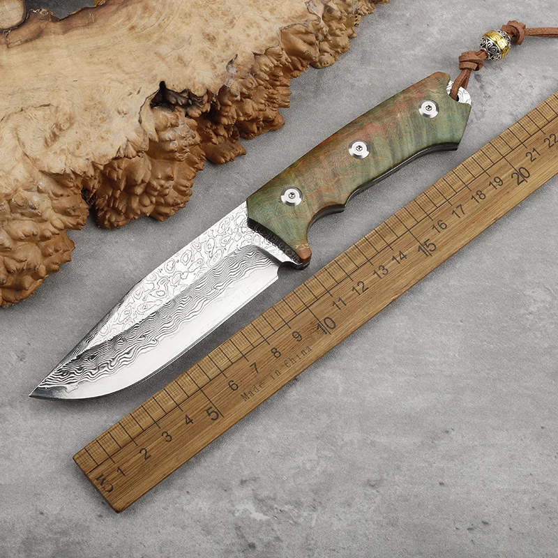 

VG10 core Damascus steel stable wooden handle fixed knife for outdoor self-defense camping survival portable tool knife