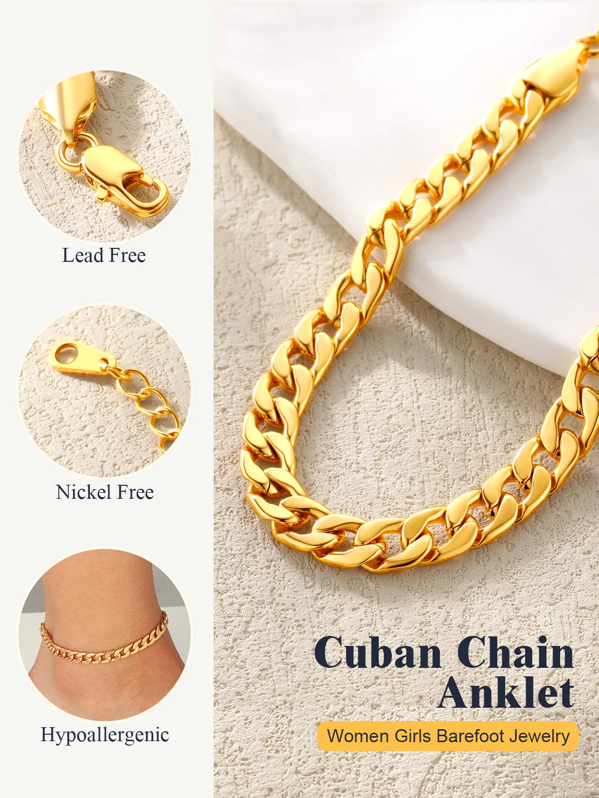 U7 Waterproof 7mm Cuban Chain Anklet Classic Foot Ankle Bracelet for Women 9.8inches Simple Summer Beach Jewelry Gift for Her