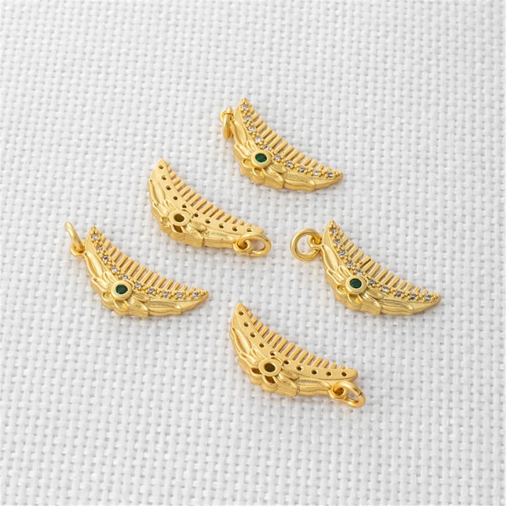 Ancient Gold Inlaid Zircon Comb Pendant, Jewelry Accessories, DIY, 10x20mm, 18K Bag