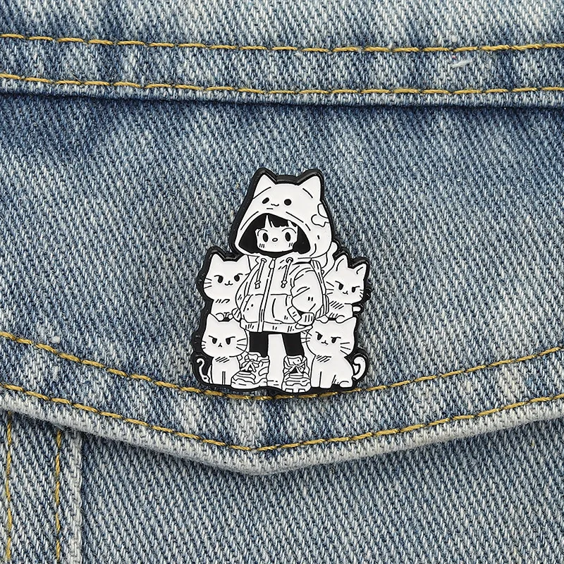 Black White Cute Style Brooch with Cat Ears Hoodie Girl Four Cute Cats in The Same Frame Cartoon Metal Badge Badges on Backpack
