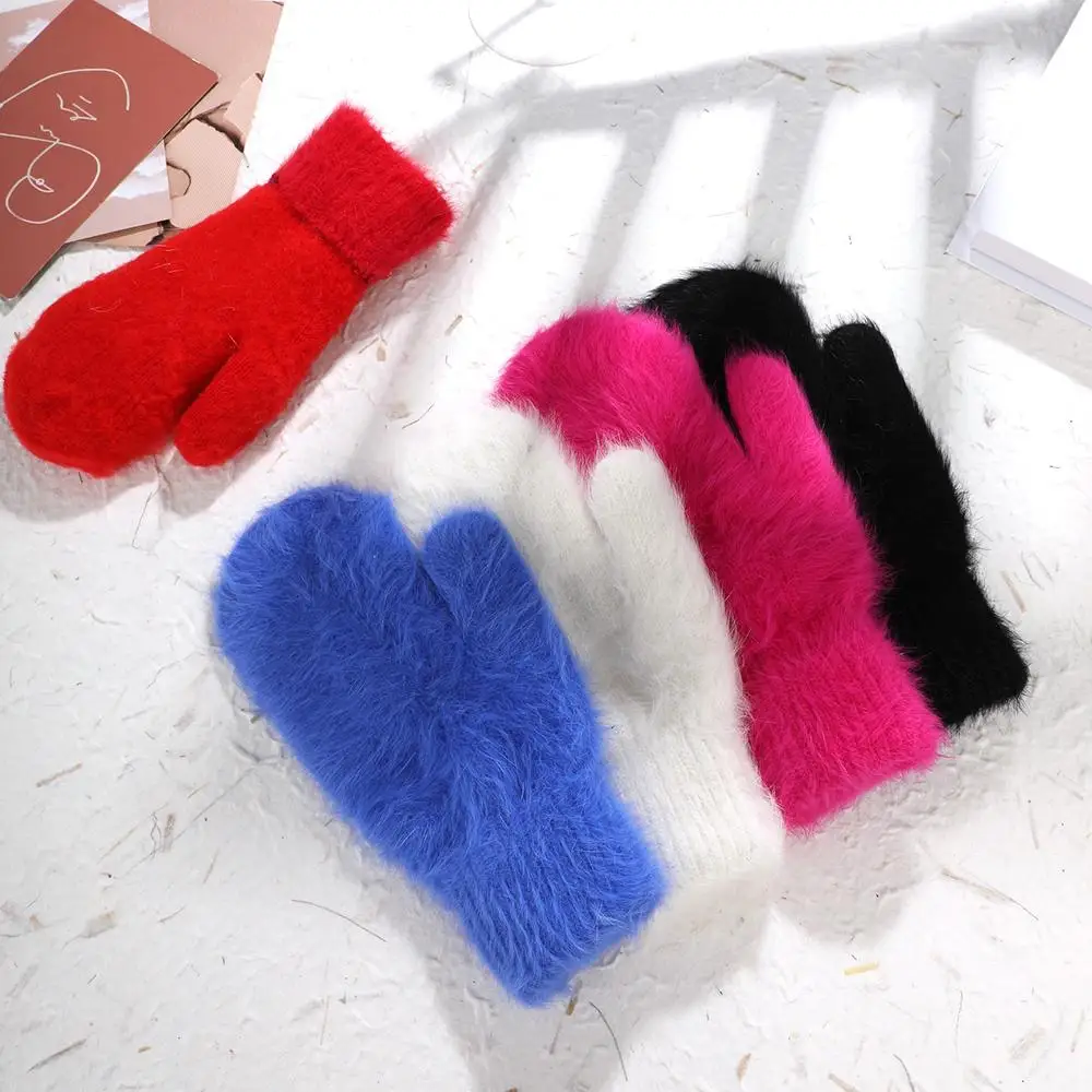 Damen-Winter-Plüschhandschuhe, warm, winddicht, Kaninchenfell, Vollfinger-Fäustlinge, weiche, elastische Wollhandschuhe, einfarbig, Outdoor-Fäustlinge