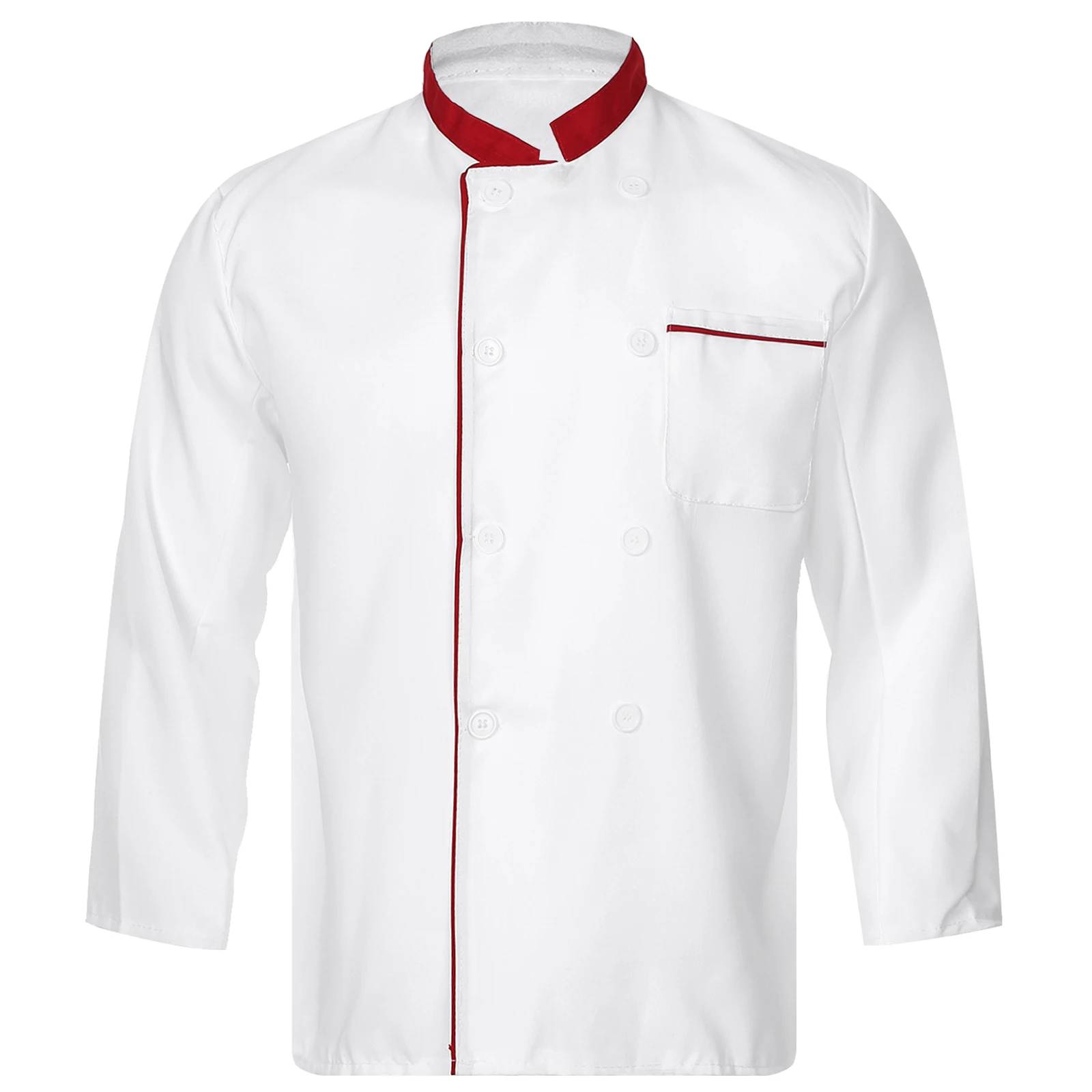 Unisex Mens Womens Hotel Restaurant Kitchen Work Uniform Stand Collar Long Sleeve Double-Breasted Chef Jacket with Hat Workwear