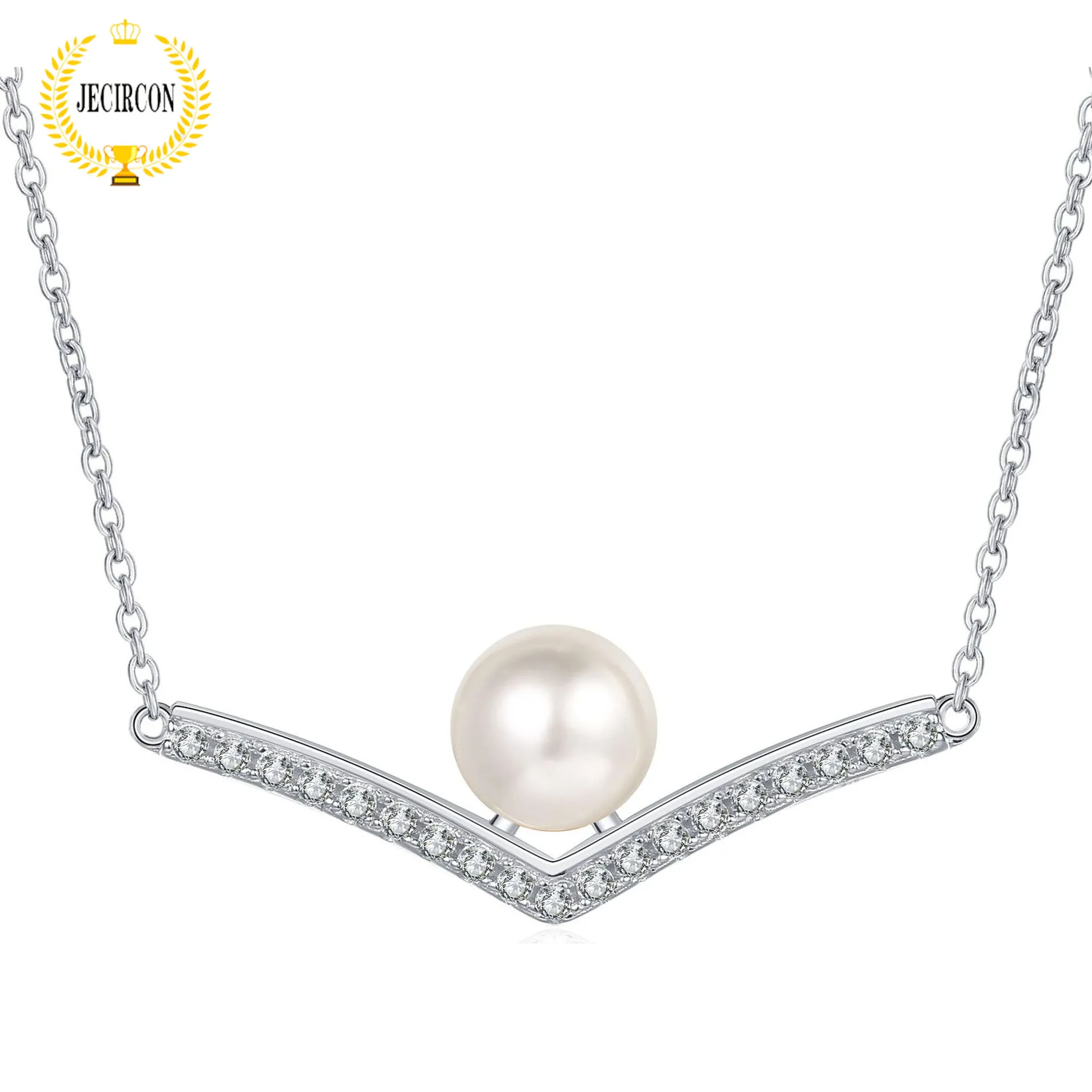 

JECIRCON Women Necklace 925 Sterling Silver Clavicle Chain 8MM Flawless Freshwater Pearl V-shaped Moissanite Chain Fine Jewelry