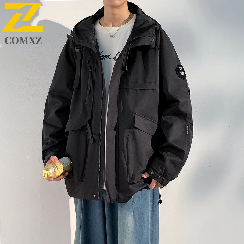 Men's Spring Autumn Workwear Jacket Windproof Waterproof Hooded Parka with Multi-Pockets Breathable Membrane for Outdoor Travel