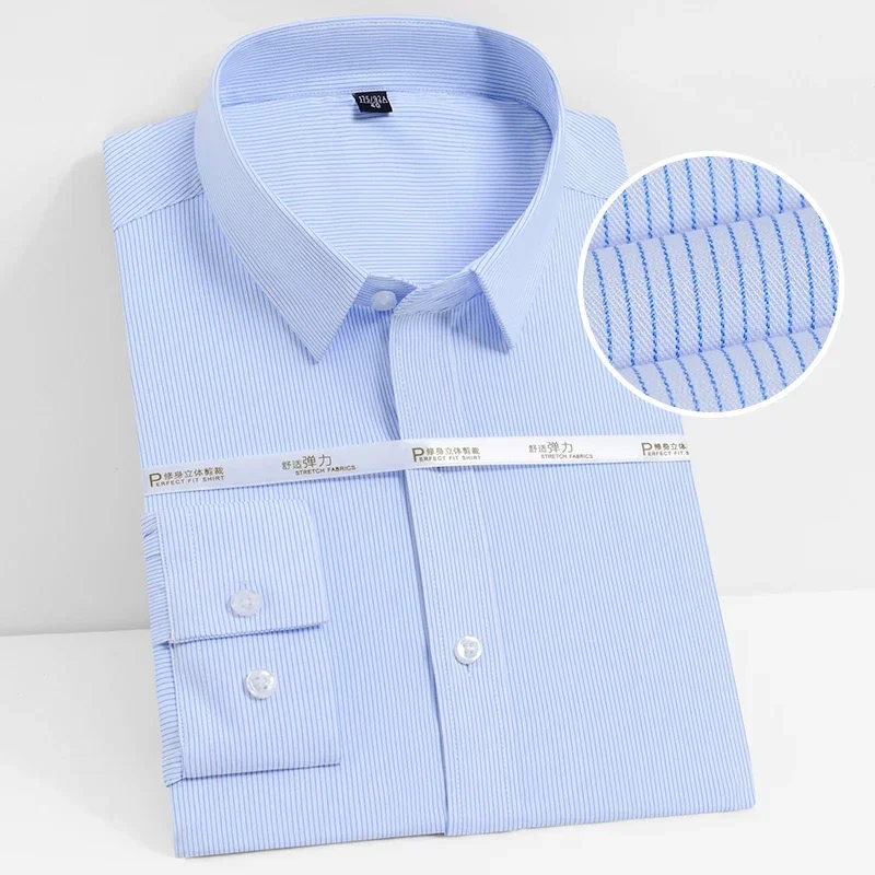 

Bamboo Fiber Men Dress Shirt Long-Sleeved Business Casual Elastic Stripe Professional Wear Formal Social Shirts Men Clothing 8XL