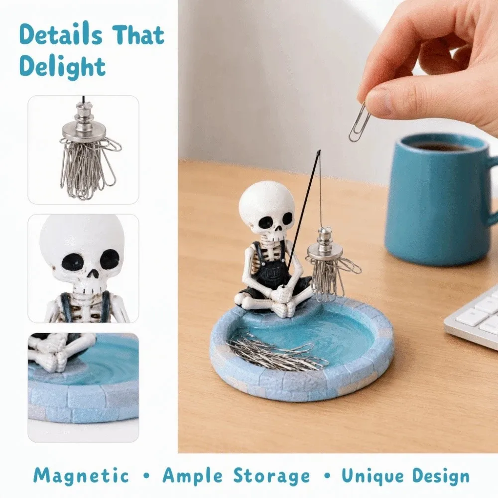 Magnetic Skeleton Fishing Paper Clip Holder Creative Design Resin Skull Decor Figurine Pool-shaped base Mini Size