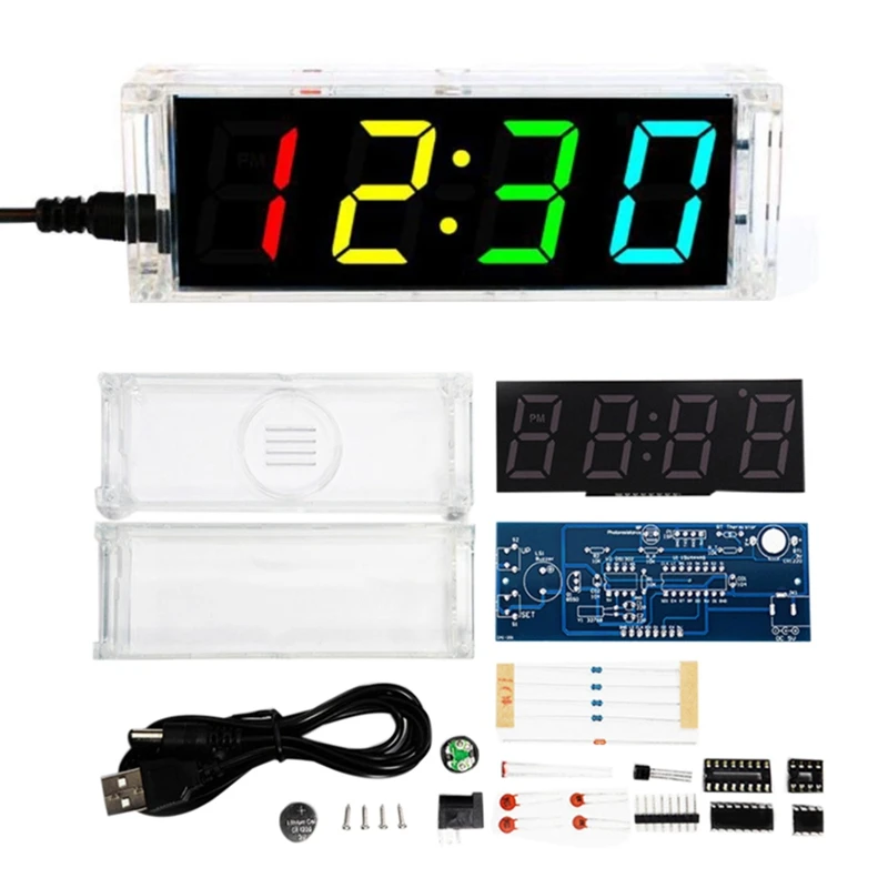 DIY Clock Kit 4 Digital Tube LED Time Week Temperature Date Display With Clear Case Cover