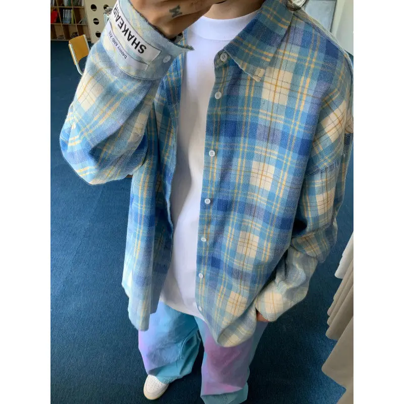 

American Retro Blue Plaid irt Long Sve Boys Youth Faion Cheered irt Couple Thin Outerwear Autumn Season Polyester ...