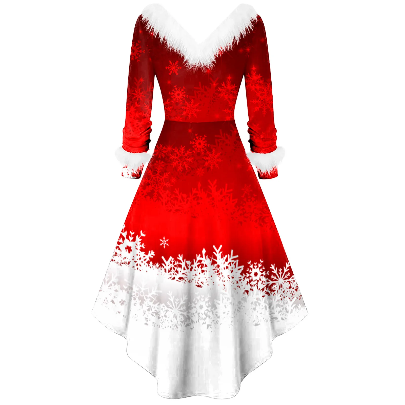 New Santa Claus Elk Fashion Print Christmas Dress for Women Winter Long Sleeve Furry Collar Asymmetrical Party Dress Vestidos