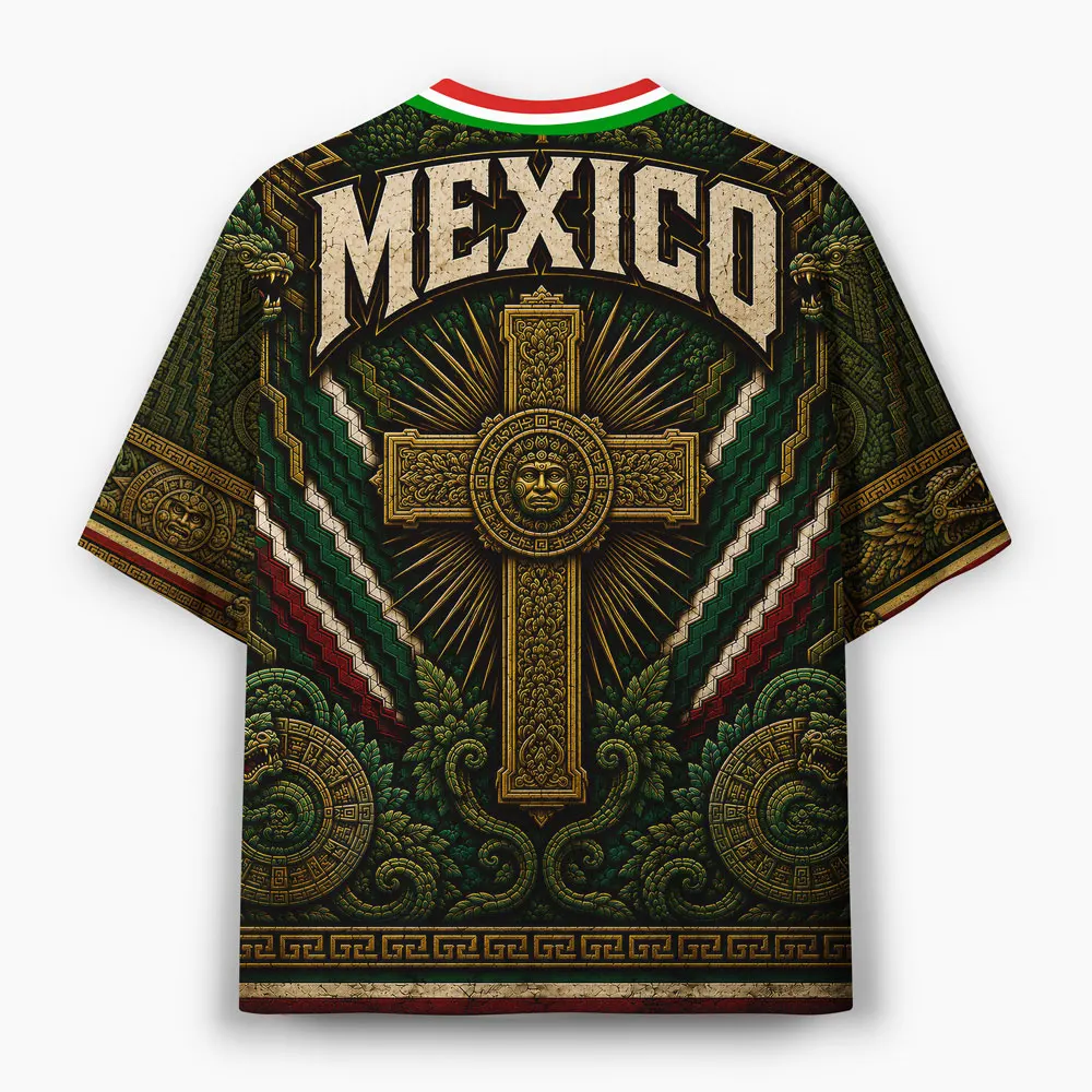 Exotic Folk Style V-neck Short Sleeved Maya Totem Jesus Statue Mexico Lettering Personalized Casual Sports Support Top