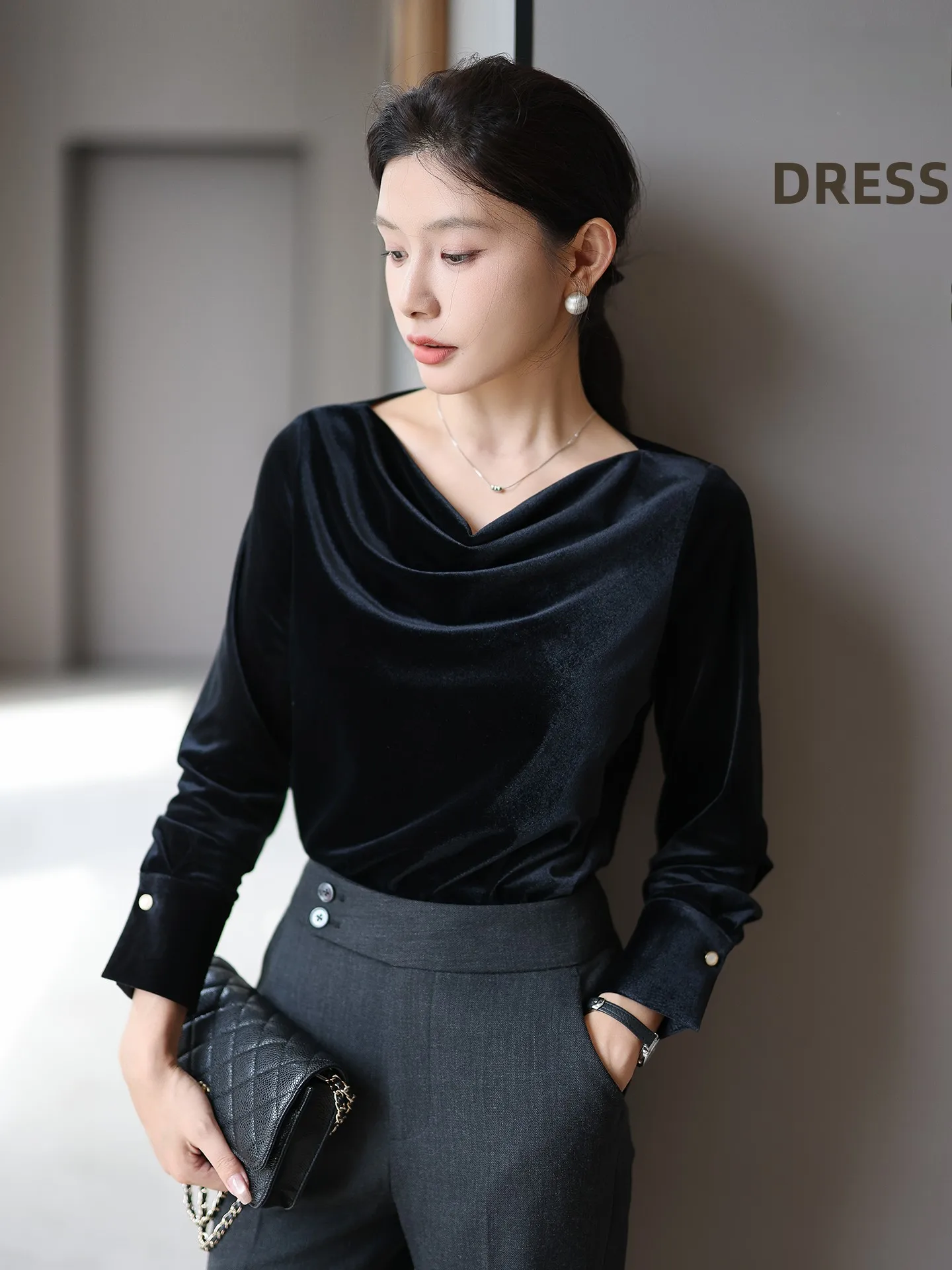 

Ele Bla Velvet irt Women's New Sle Waist-Cinching Long Sve Commute irt French Sle Straight Cut Polyester Fiber