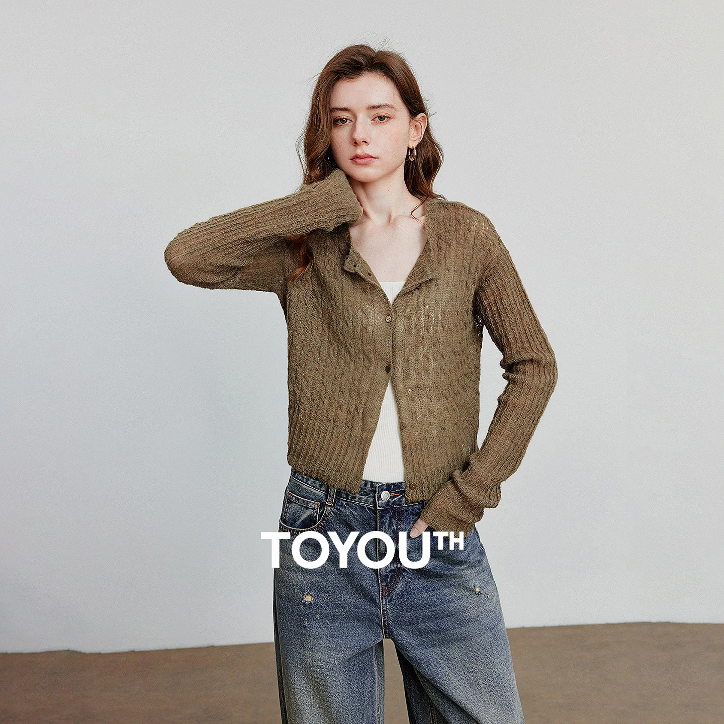 

TOYOUTH Women Knitted Cardigan 2025 Autumn New Short Hairy Hollow Out See Through Round Neck Single Breasted Button Sweater