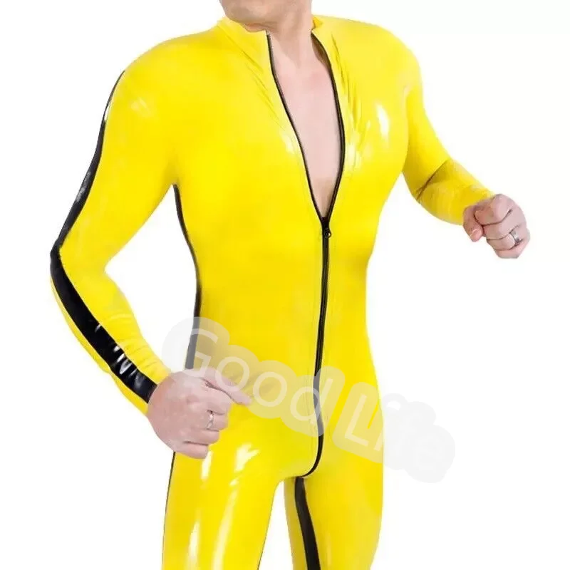 

Handmade Sexy Latex Male Fetish Catsuit Front to Back Crotch Zip Latex Gummi Fetish Man bodysuit With Black Trims NO Socks