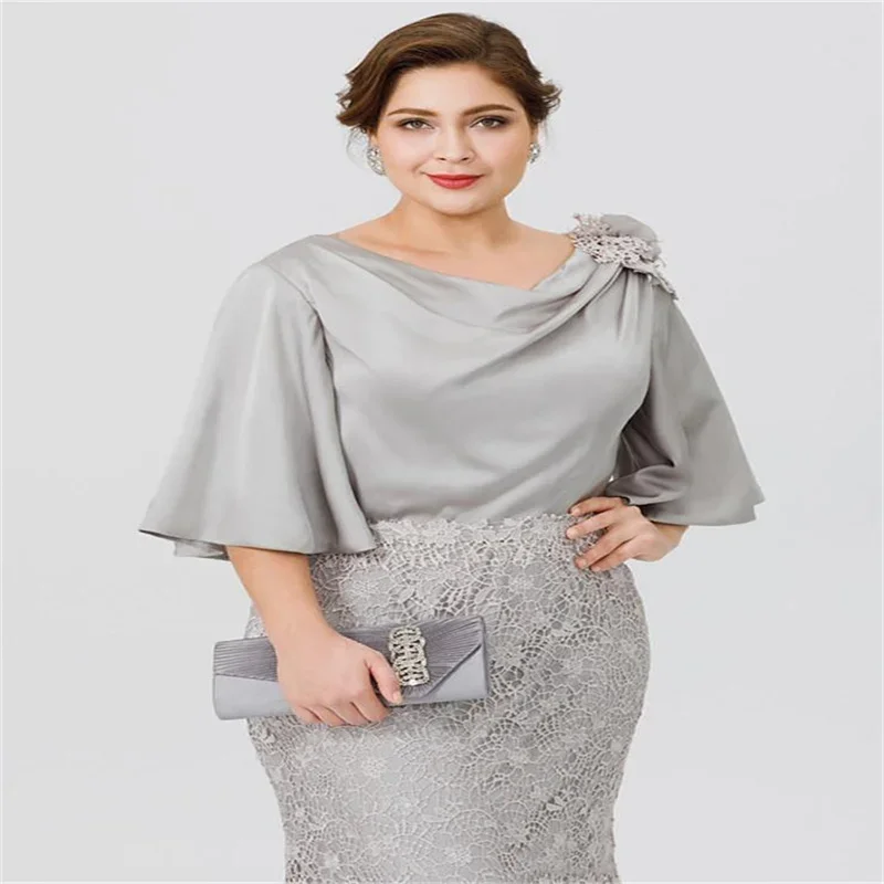 Lace Wedding Party Guest Chiffon Appliques Gray Mermaid Dress For Wedding Mother Bride Plus Size robe mere mariee