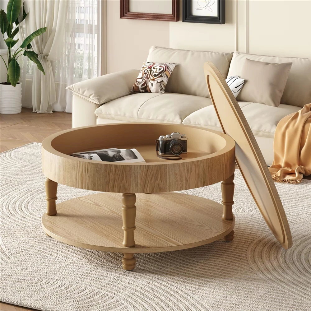 Coffee Table with Storage and Hidden Compartment, Adjustable Leveling Feet, Easy Assembly (Natural Wood)