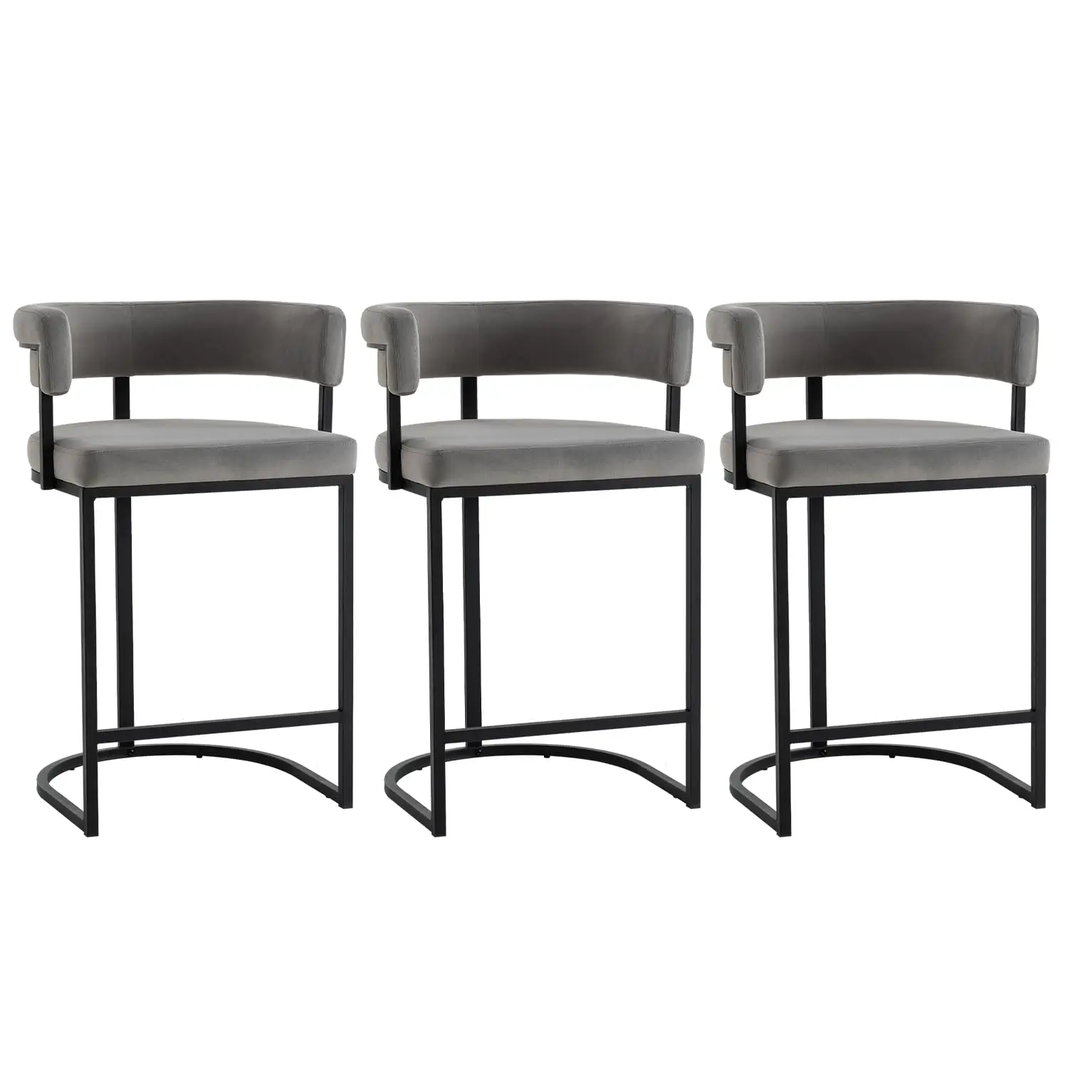 

26" Velvet Counter Height Barrel Bar Stools With Back & Arms Sherpa Upholstered Kitchen Island Chair Set Of 3 Grey Customized