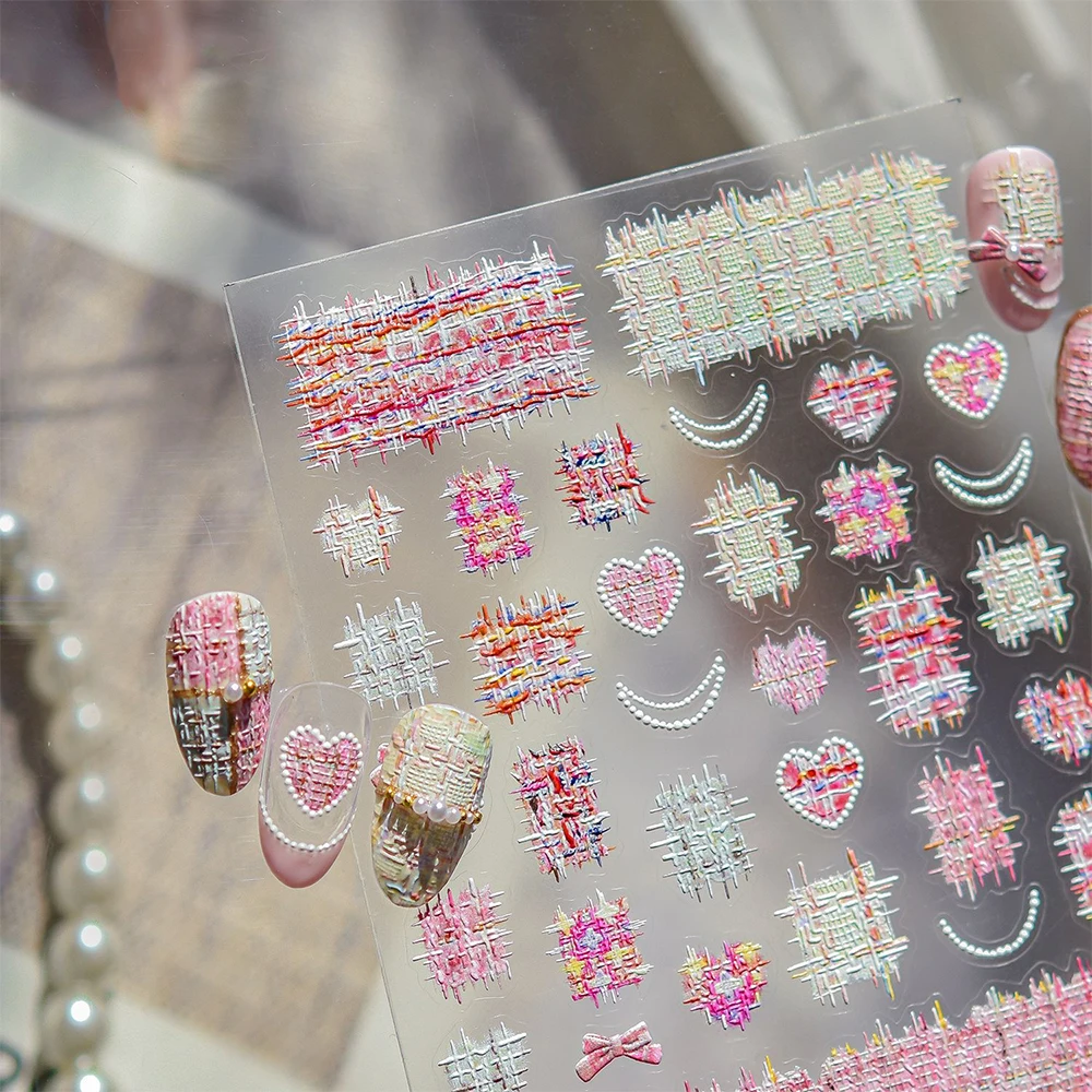 5D 엠보싱 글리터 스웨터 체크 하트 네일 스티커 발렌타인 러브 하트 5D 핑크 울 체크 일본 스타일 네일 아트 용품