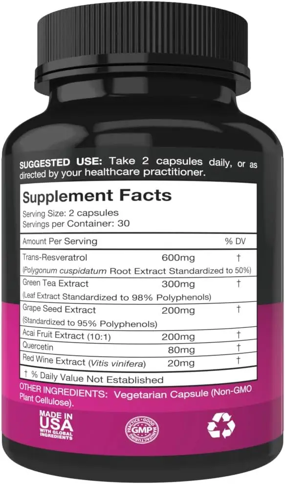 Resveratrol อาหารเสริมที่มี Trans Resveratrol,quercetin, เมล็ดองุ่น, ชาเขียว, ผลเบอร์รี่บราซิล และสารสกัดจากไวน์แดง