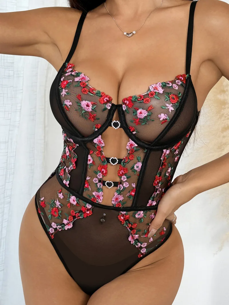 Lace Transparent Sexy Bodysuits Flower Embroidery Print Hollow Out Bodysuits Backless Deep V Suspenders Sleeveless Charming INSY