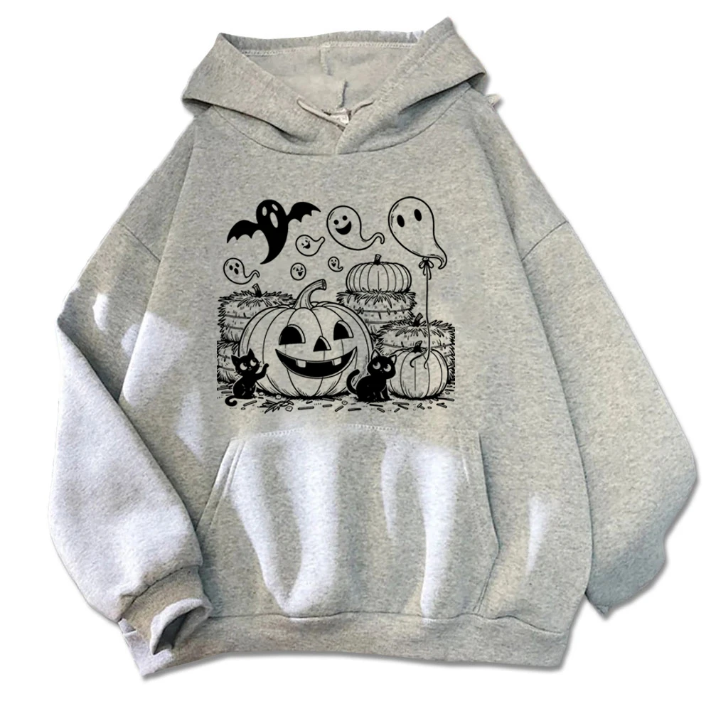 Trick-or-Treat Ready Apparel Grey Hoodie Highlighting Halloween Decorations Sweatshirt Kawaii Clothes Print on Demand Hoodies