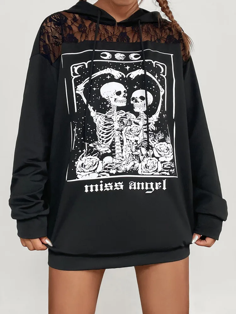 Yangelo Gothic Dark Sexy Lace Hoodie Women Y2K Patchwork Loose Skull Frame Printed Hoodie Punk Grunge Street Sweatshirt